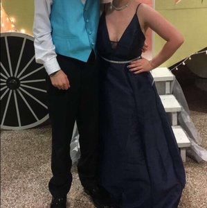 Navy blue satin v- neck prom dress